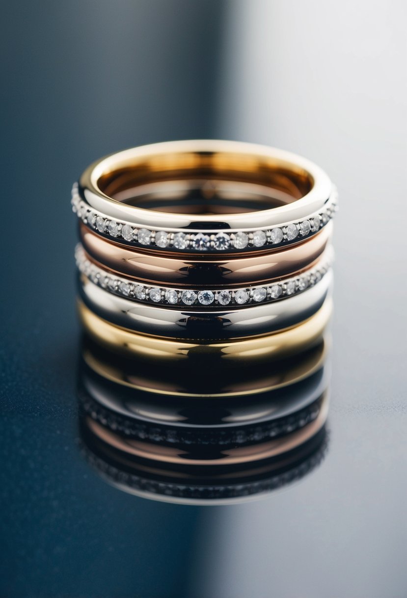 A stack of wedding rings with varying metal hues arranged on a smooth, reflective surface