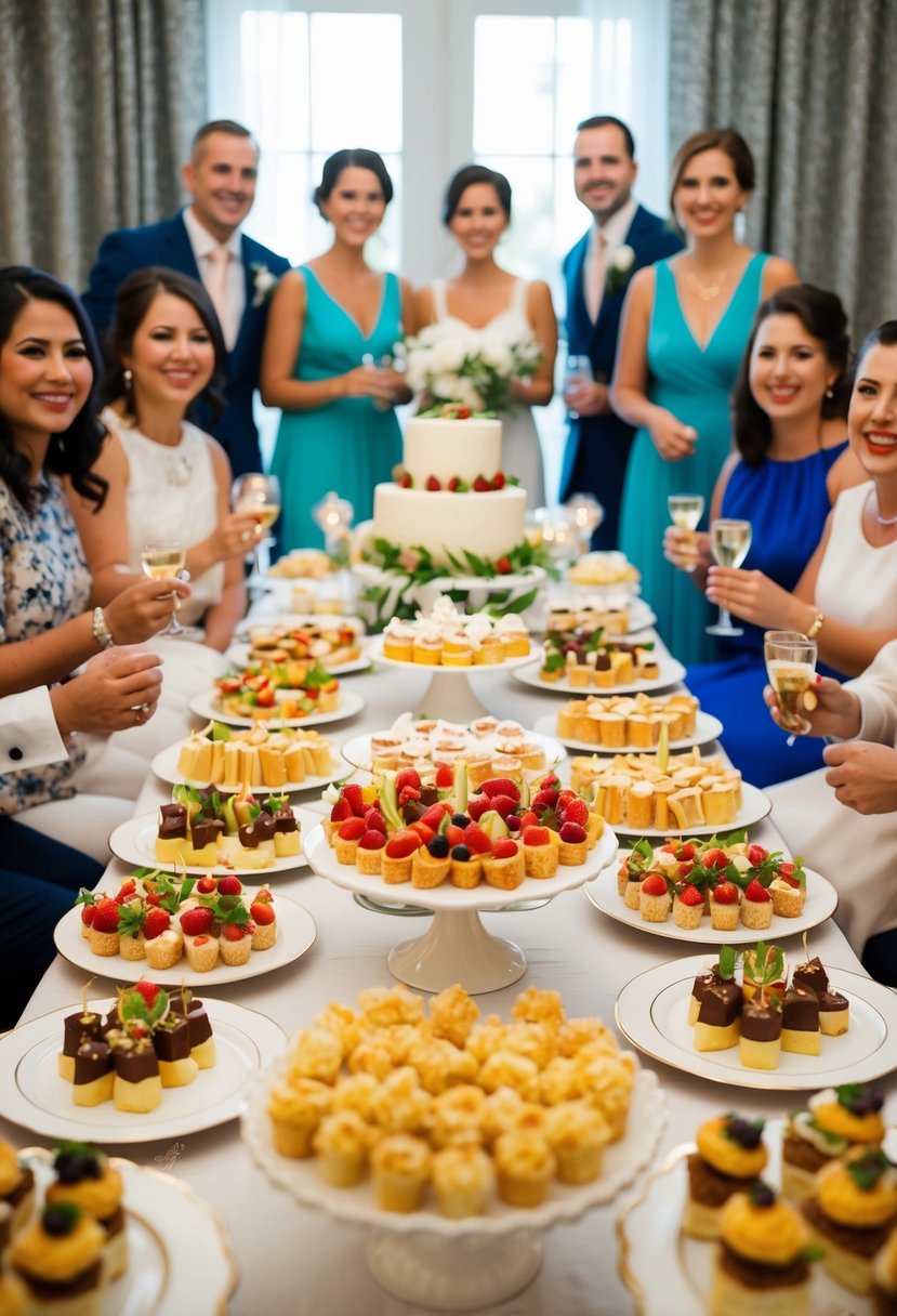 A table adorned with an array of elegant finger foods and desserts, surrounded by cheerful guests at a wedding shower