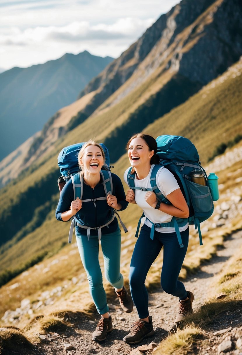 A couple hiking up a steep mountain, laughing as they struggle with their backpacks