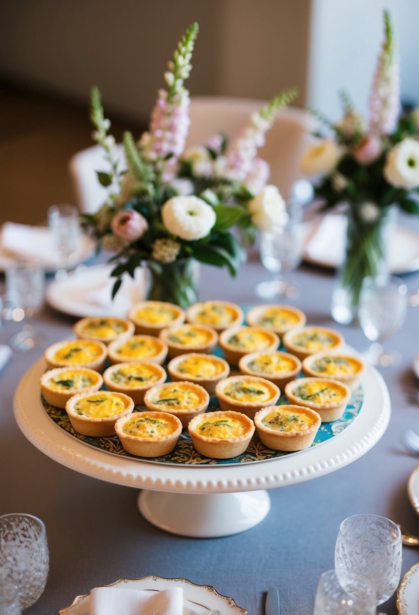 A table adorned with an assortment of mini quiches, neatly arranged on a decorative platter, surrounded by delicate floral centerpieces