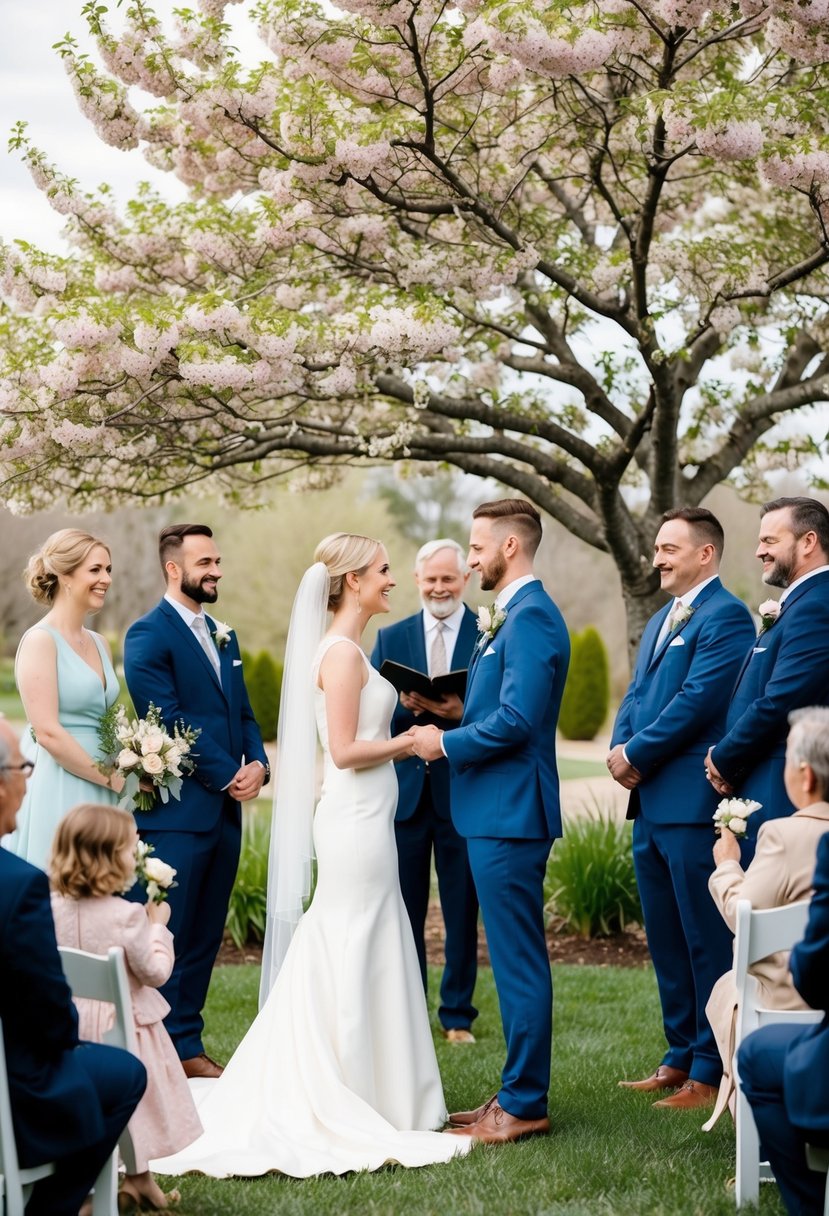 A couple standing under a blooming tree, surrounded by friends and family, as they exchange heartfelt vows