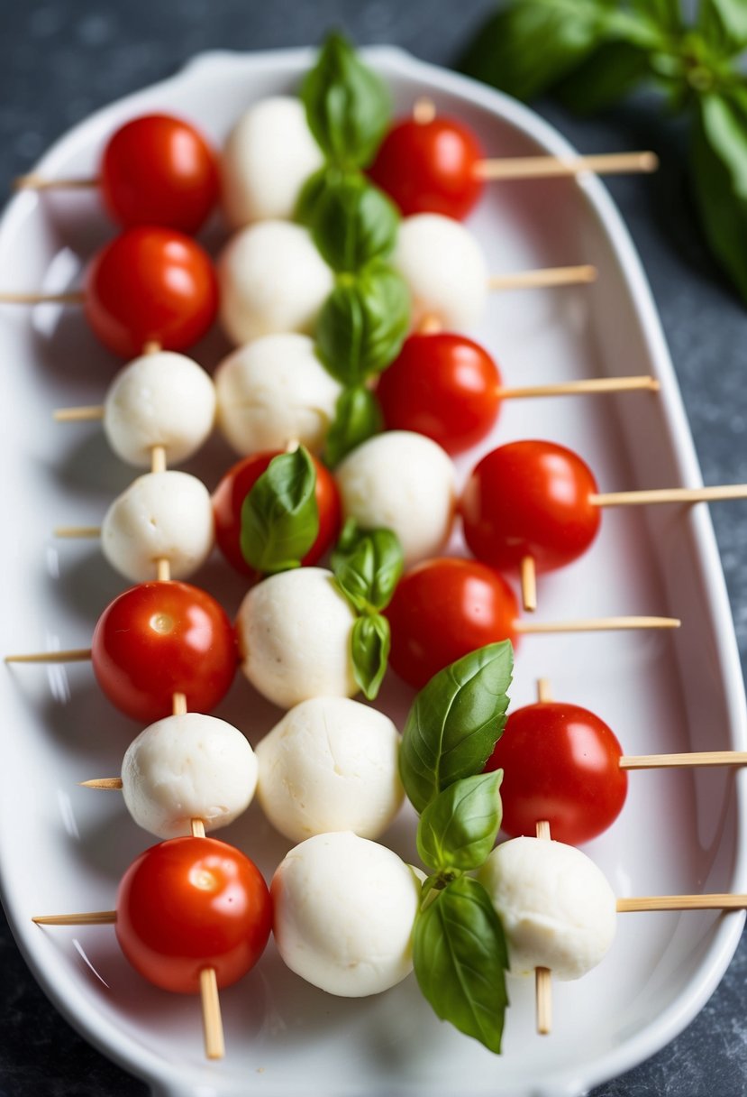 A platter of Caprese skewers arranged on a white serving dish, with cherry tomatoes, mozzarella balls, and fresh basil leaves skewered on cocktail sticks