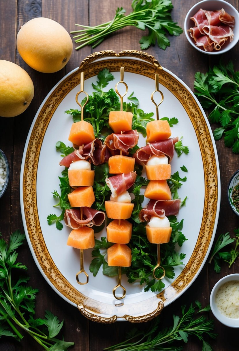 A platter of melon and prosciutto skewers arranged on a decorative serving tray, surrounded by fresh herbs and garnishes