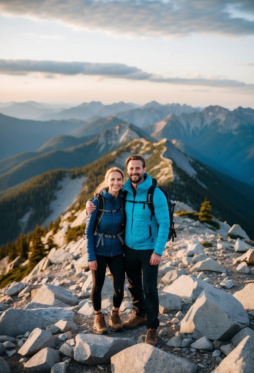 A scenic mountain hike, with a couple standing at the summit, surrounded by breathtaking views and sharing a love for nature and adventure