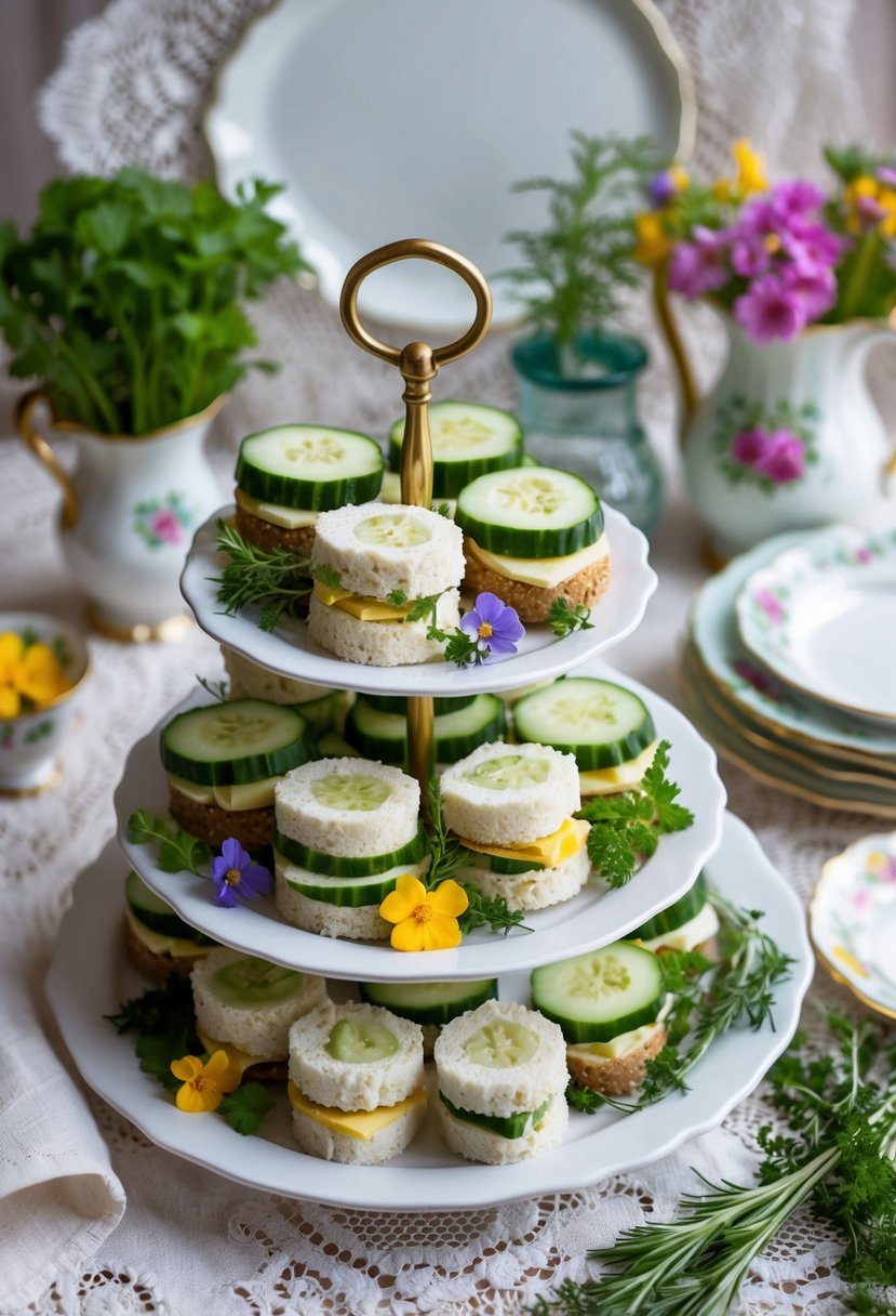 A delicate platter of cucumber sandwiches arranged on a tiered stand, surrounded by fresh herbs and edible flowers, set against a backdrop of vintage china and lace tablecloth