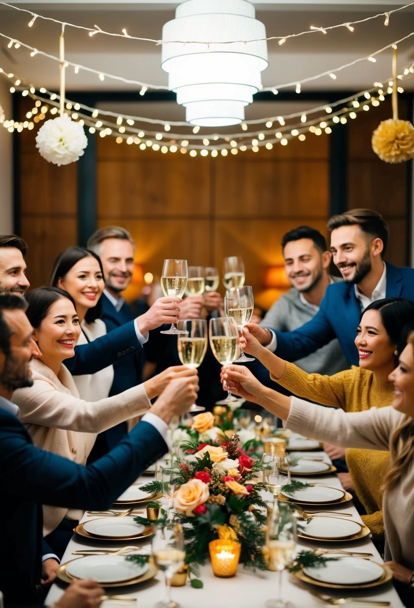 A group of people gather around a festive table, raising their glasses in celebration. Decorations and flowers adorn the space, creating a warm and inviting atmosphere