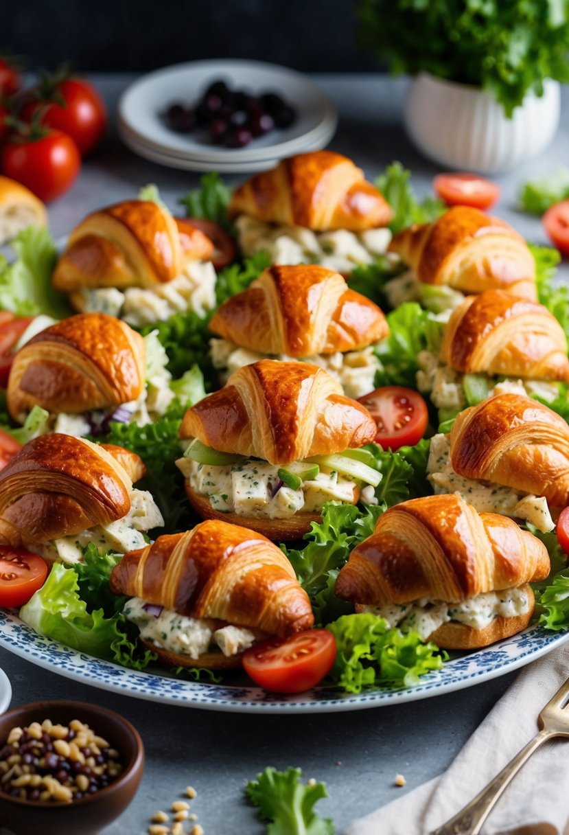 A spread of chicken salad croissants arranged on a decorative platter surrounded by fresh lettuce, tomatoes, and garnishes