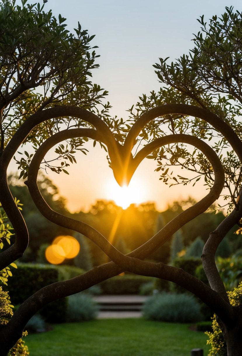 A serene garden with two intertwined trees, their branches forming a heart shape. The sun sets behind them, casting a warm glow