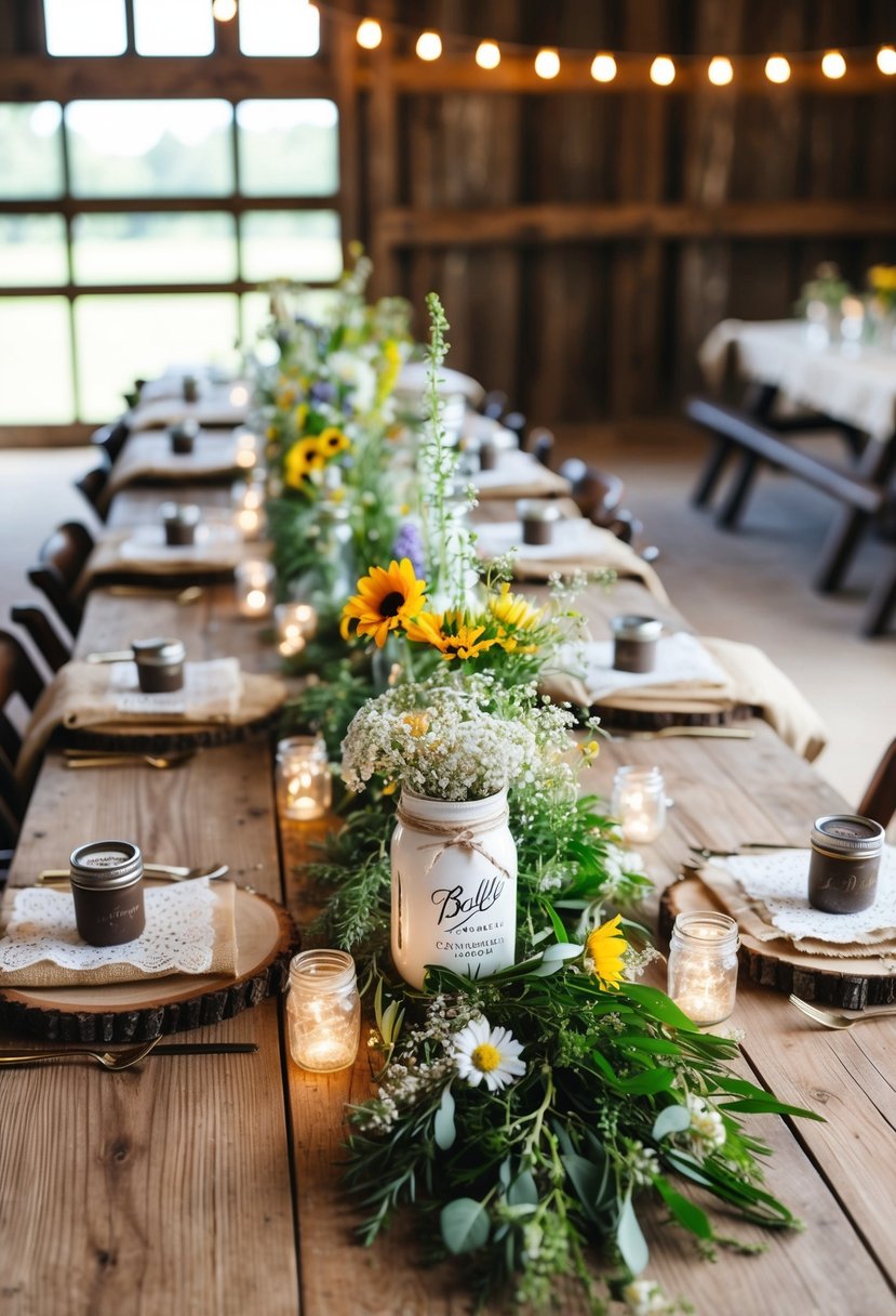 A wooden table adorned with wildflowers, mason jar centerpieces, and vintage lace accents. A cozy barn setting with string lights and burlap decorations