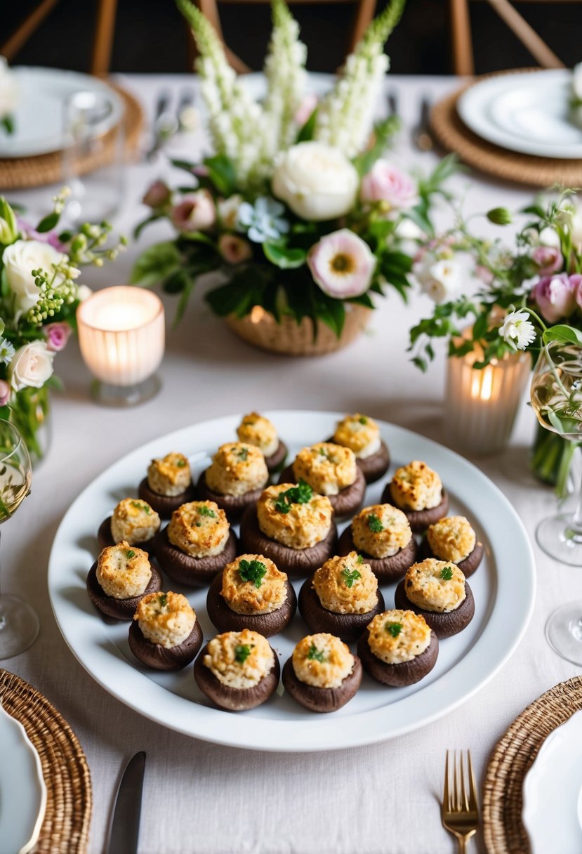 A platter of stuffed mushrooms surrounded by delicate floral arrangements and elegant table settings at a wedding shower