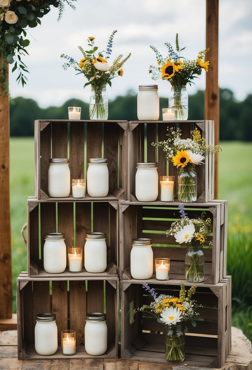 Wooden crates stacked and filled with mason jars, wildflowers, and candles, creating a rustic display for a wedding shower