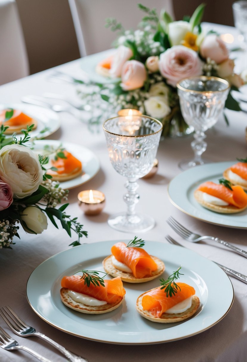 A table set with elegant smoked salmon blinis, surrounded by delicate floral arrangements and sparkling glassware