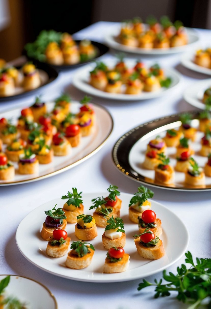 A table adorned with an array of colorful petite bruschetta bites, garnished with fresh herbs and arranged on elegant serving platters