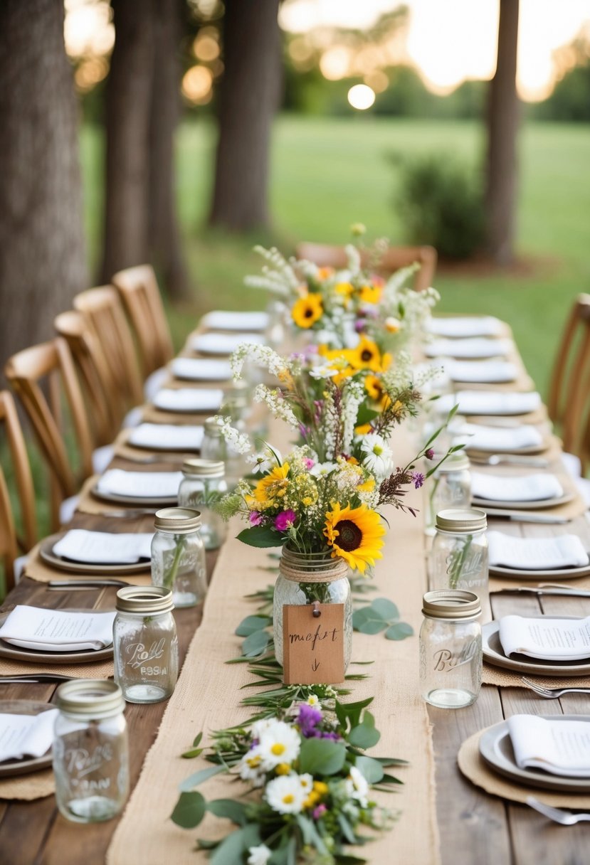 A wooden table adorned with burlap runners, mason jar centerpieces, and wildflower bouquets for a rustic wedding shower