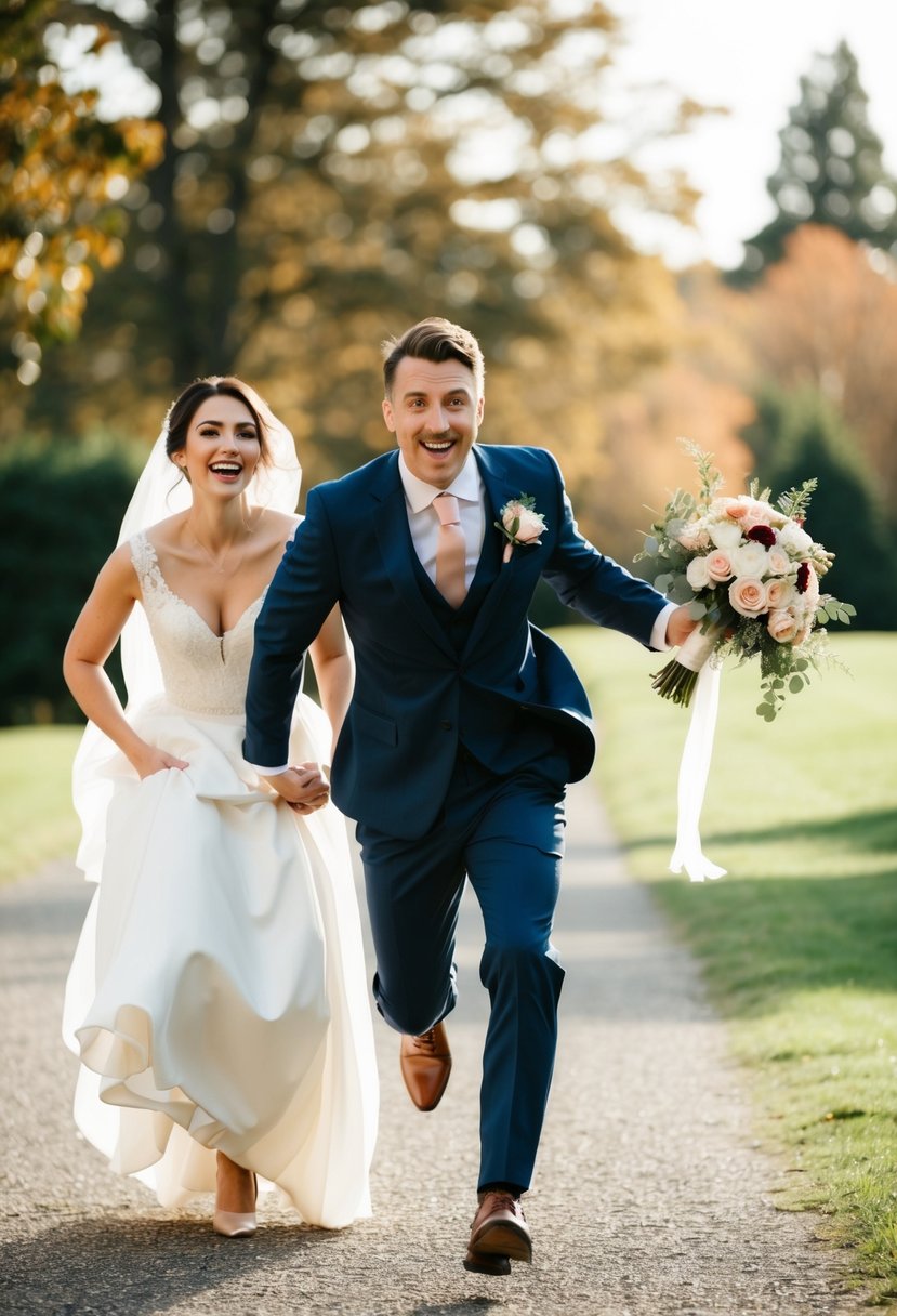 The groom playfully chasing the bride with a bouquet of flowers