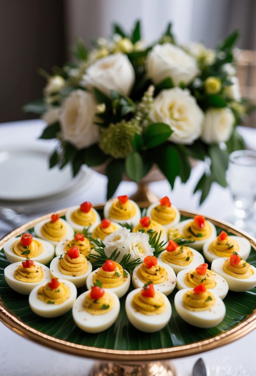 A platter of gourmet deviled eggs arranged with elegant garnishes for a wedding shower celebration