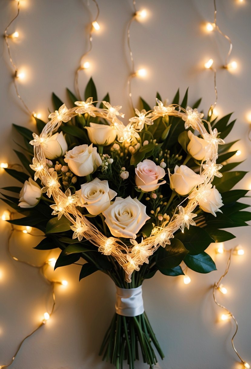 A heart-shaped bouquet of flowers surrounded by twinkling fairy lights, symbolizing love and wishes for their marriage