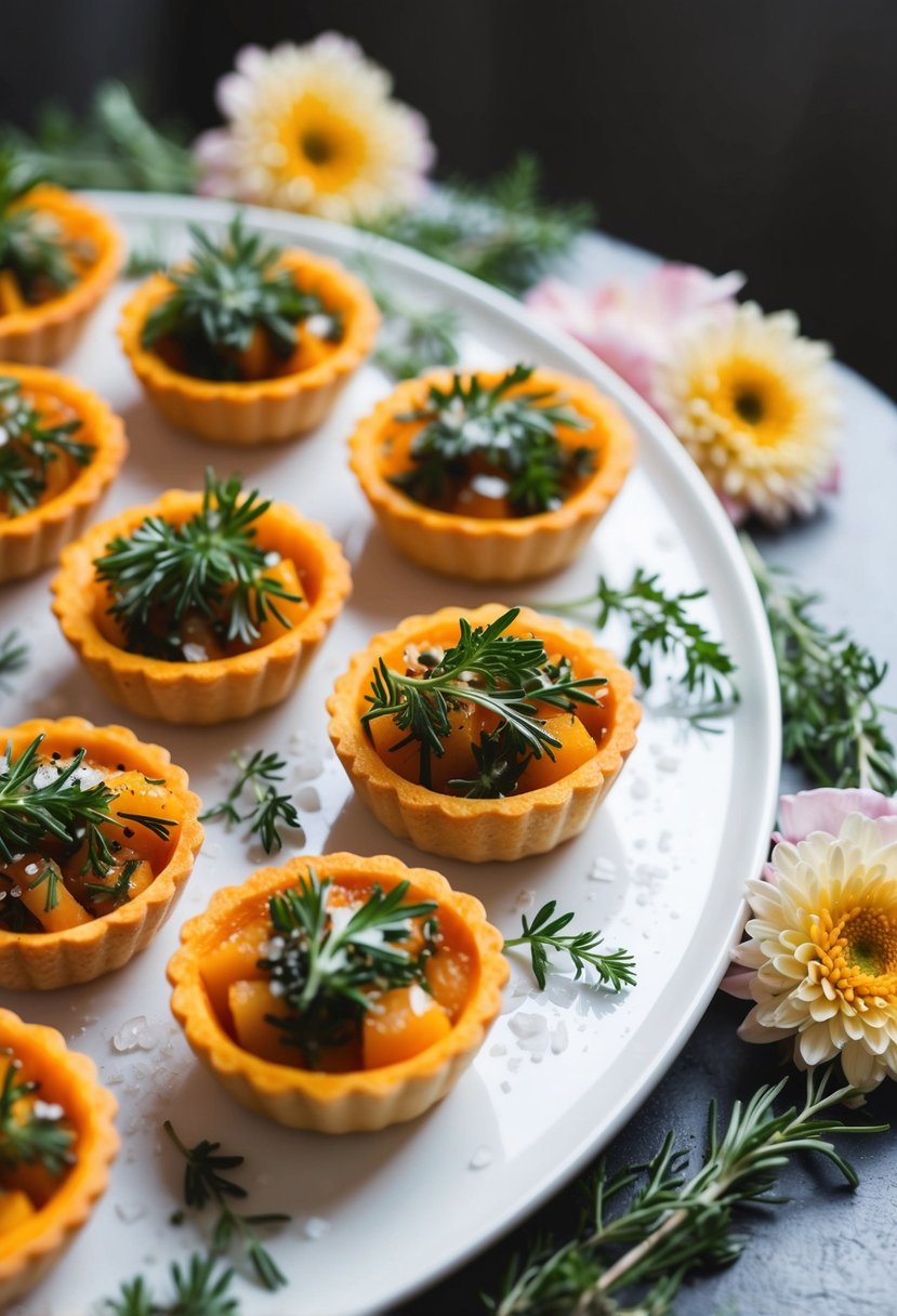 Butternut squash tartlets arranged on a white platter with fresh herbs and a sprinkle of sea salt, surrounded by delicate floral decorations