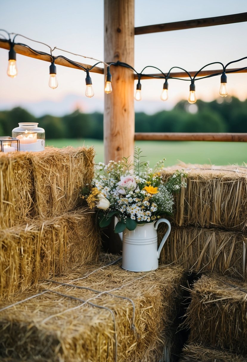 A cozy corner with hay bales, string lights, and wildflowers for a rustic wedding shower