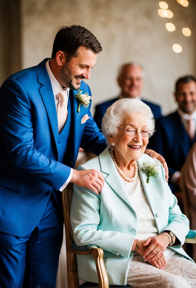 A groom helps an elderly guest to her seat, smiling warmly