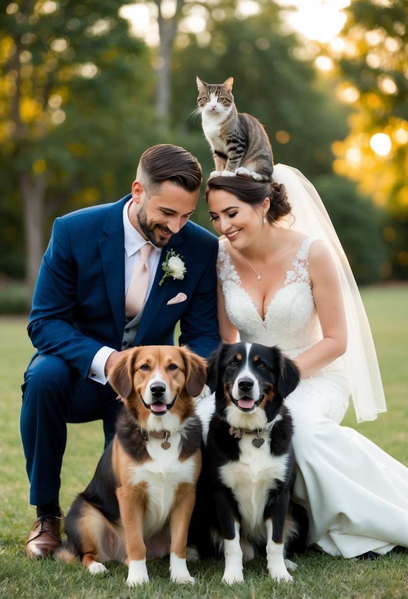 Two dogs cuddle at the couple's feet, symbolizing their loyalty and unity. A cat perches on the bride's shoulder, representing her independence and playfulness