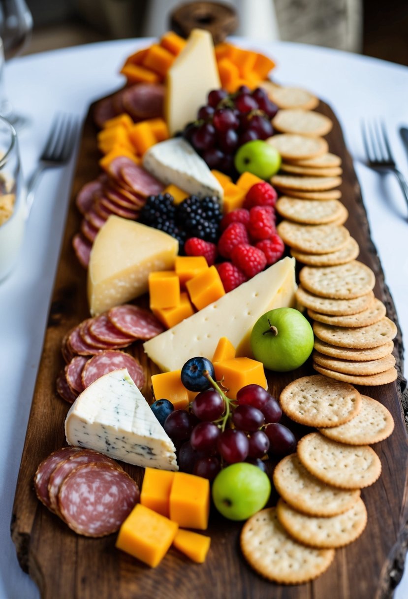 A rustic wooden board adorned with an assortment of colorful cheeses, cured meats, fresh fruits, and artisanal crackers, elegantly arranged for a wedding shower celebration