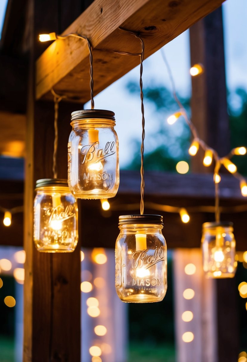 Mason jar lights dangle from a wooden beam, casting a warm glow over a rustic wedding shower