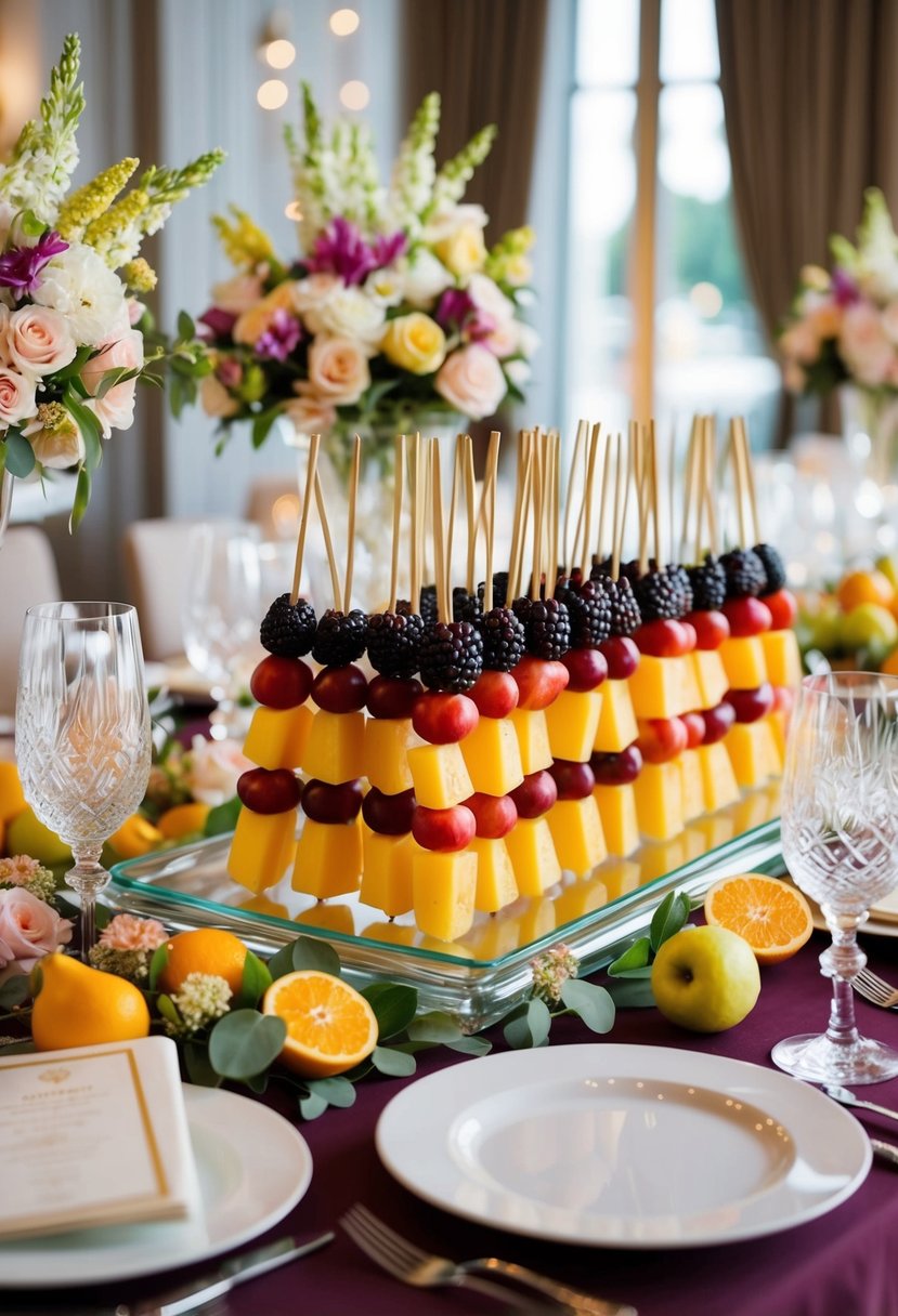 A table adorned with colorful fruit skewers arranged in an elegant display, surrounded by delicate floral arrangements and sparkling glassware