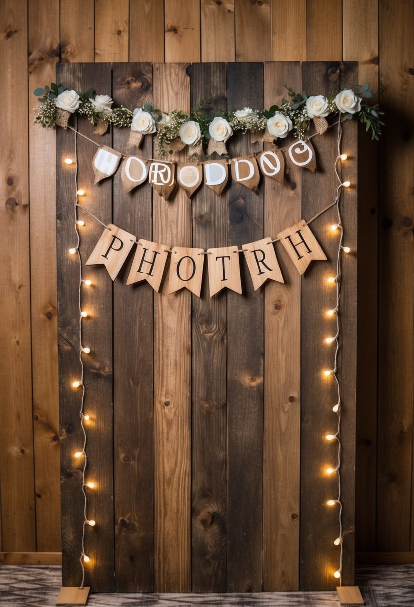 A rustic photo booth with barn wood backdrop, adorned with vintage props and string lights for a rustic wedding shower