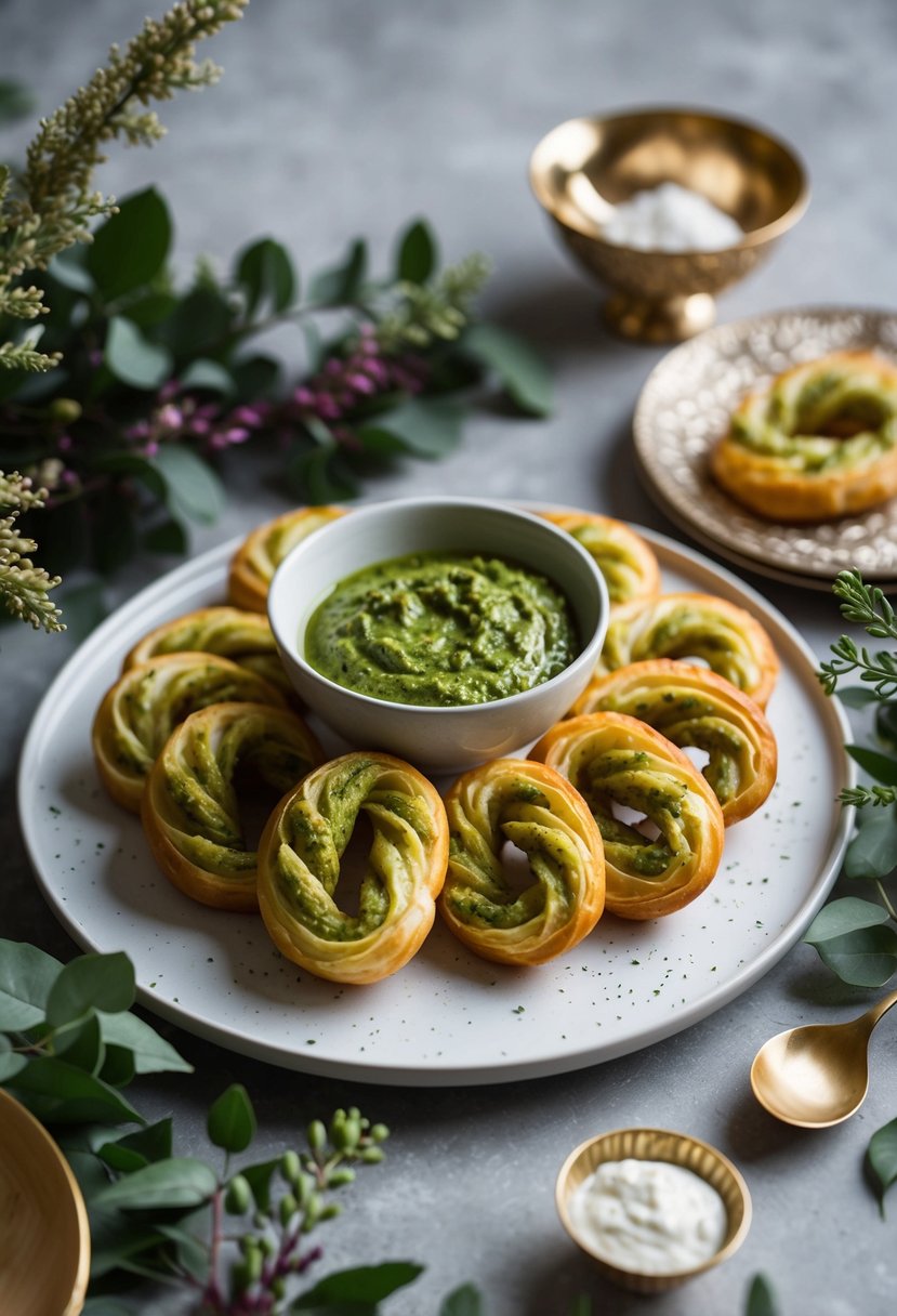 Savory palmiers arranged on a serving platter with a bowl of pesto for dipping, surrounded by decorative foliage and elegant tableware