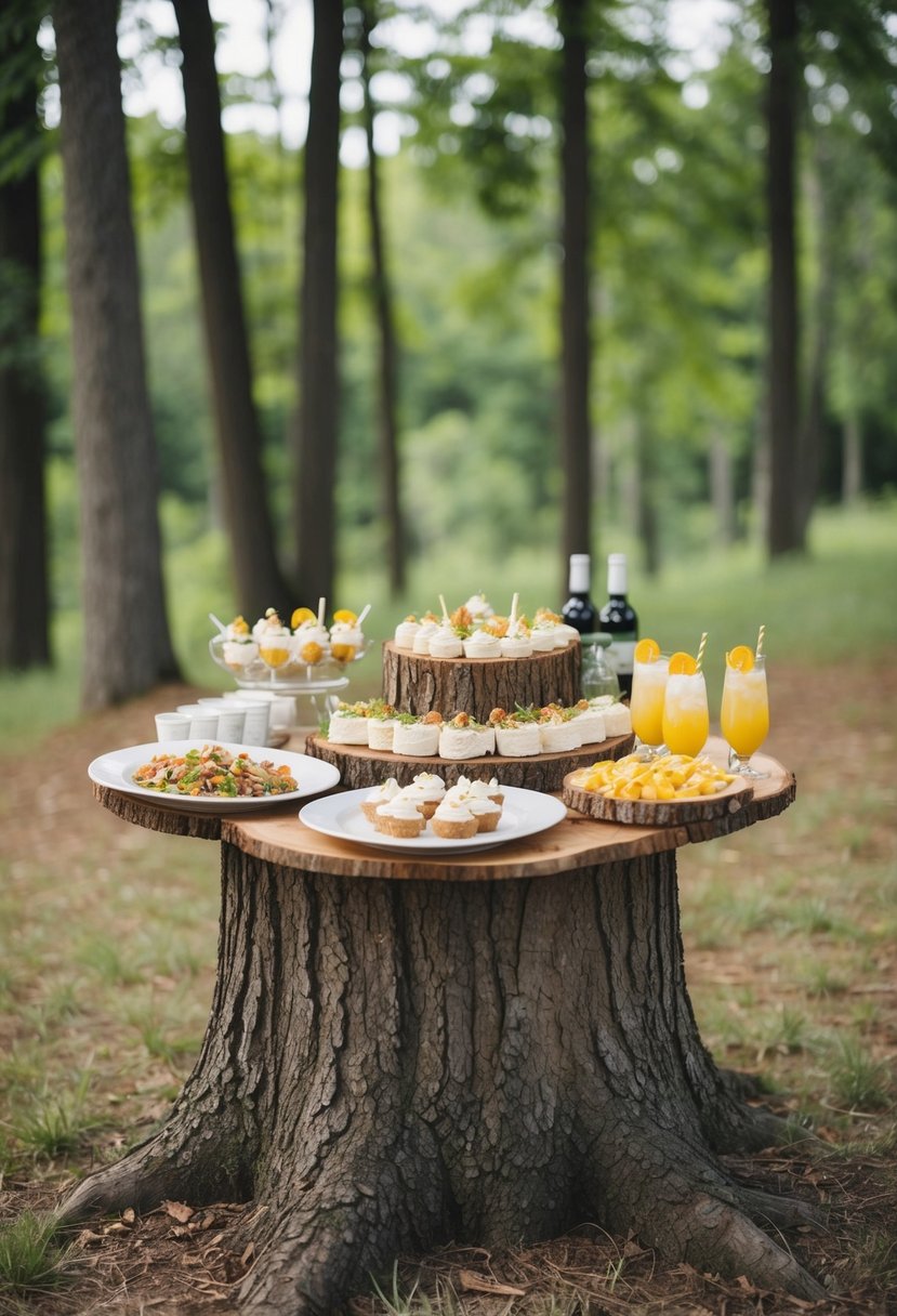 A tree stump holds a spread of rustic wedding shower food and drink, set out for presentation