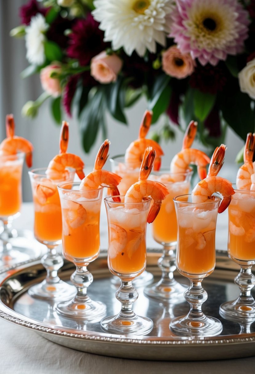 A table with elegant glass shot glasses filled with shrimp cocktail, arranged on a silver platter with a backdrop of floral decorations