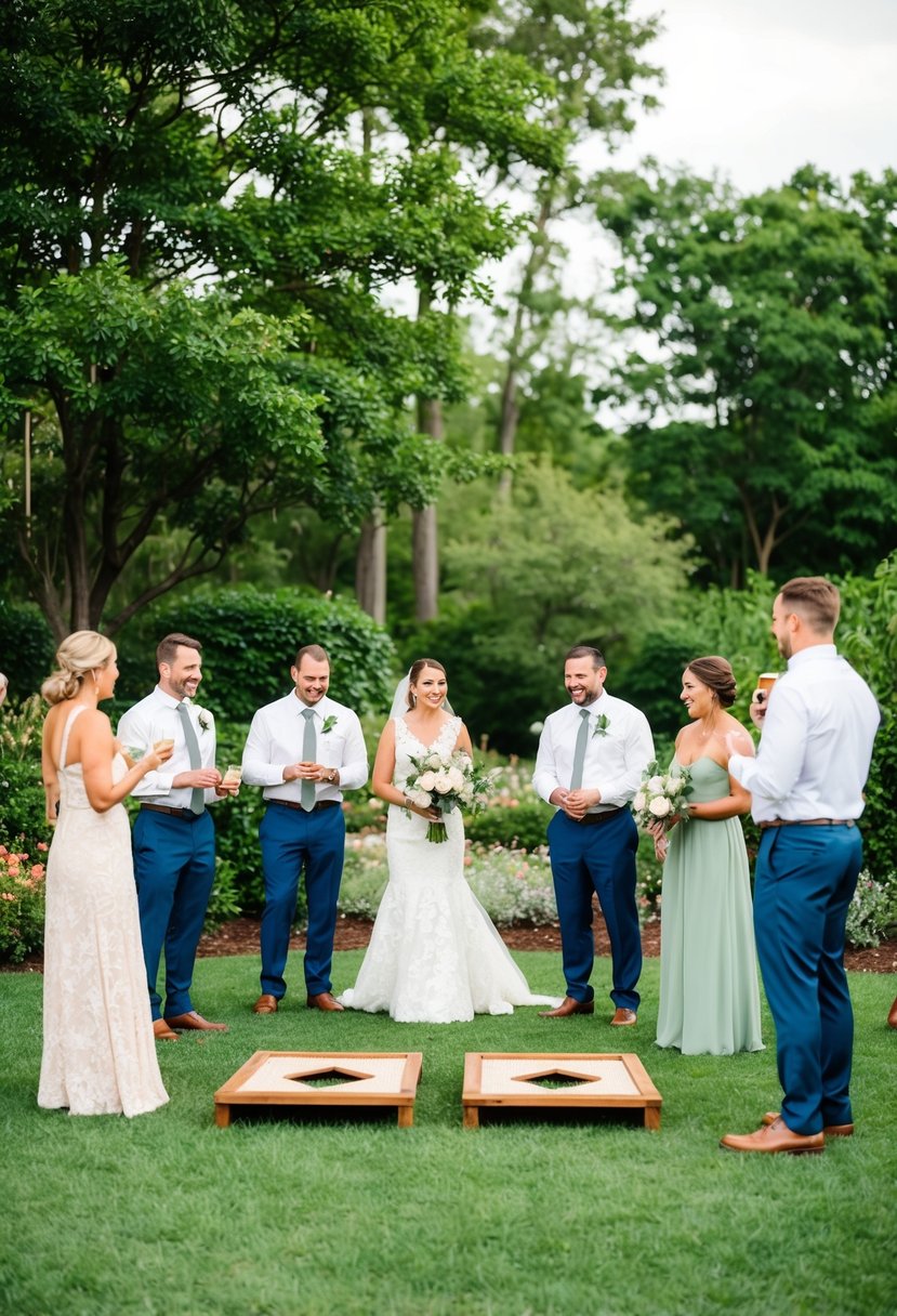 A rustic wedding shower with guests playing cornhole in a lush green garden