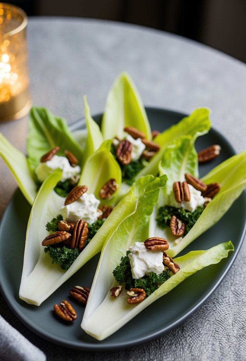 An elegant platter of endive leaves filled with creamy goat cheese and topped with crunchy pecans