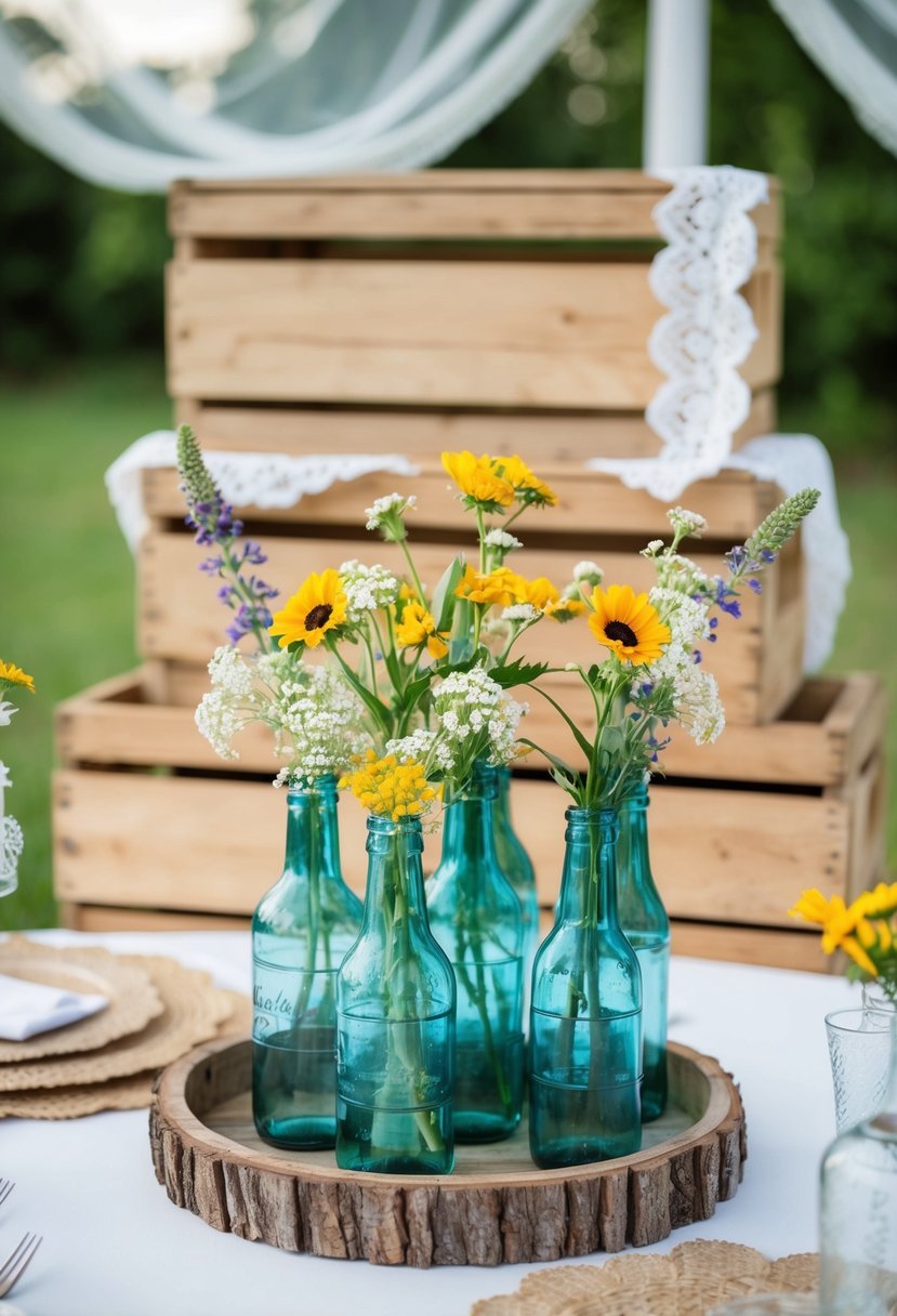 Wildflowers in vintage bottles adorn a rustic wedding shower table, set against a backdrop of wooden crates and lace accents