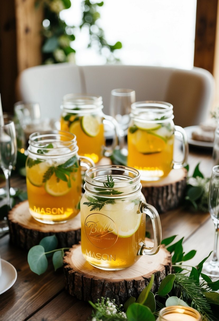 Mason jar glasses filled with drinks on a wooden table, surrounded by rustic wedding decor and greenery