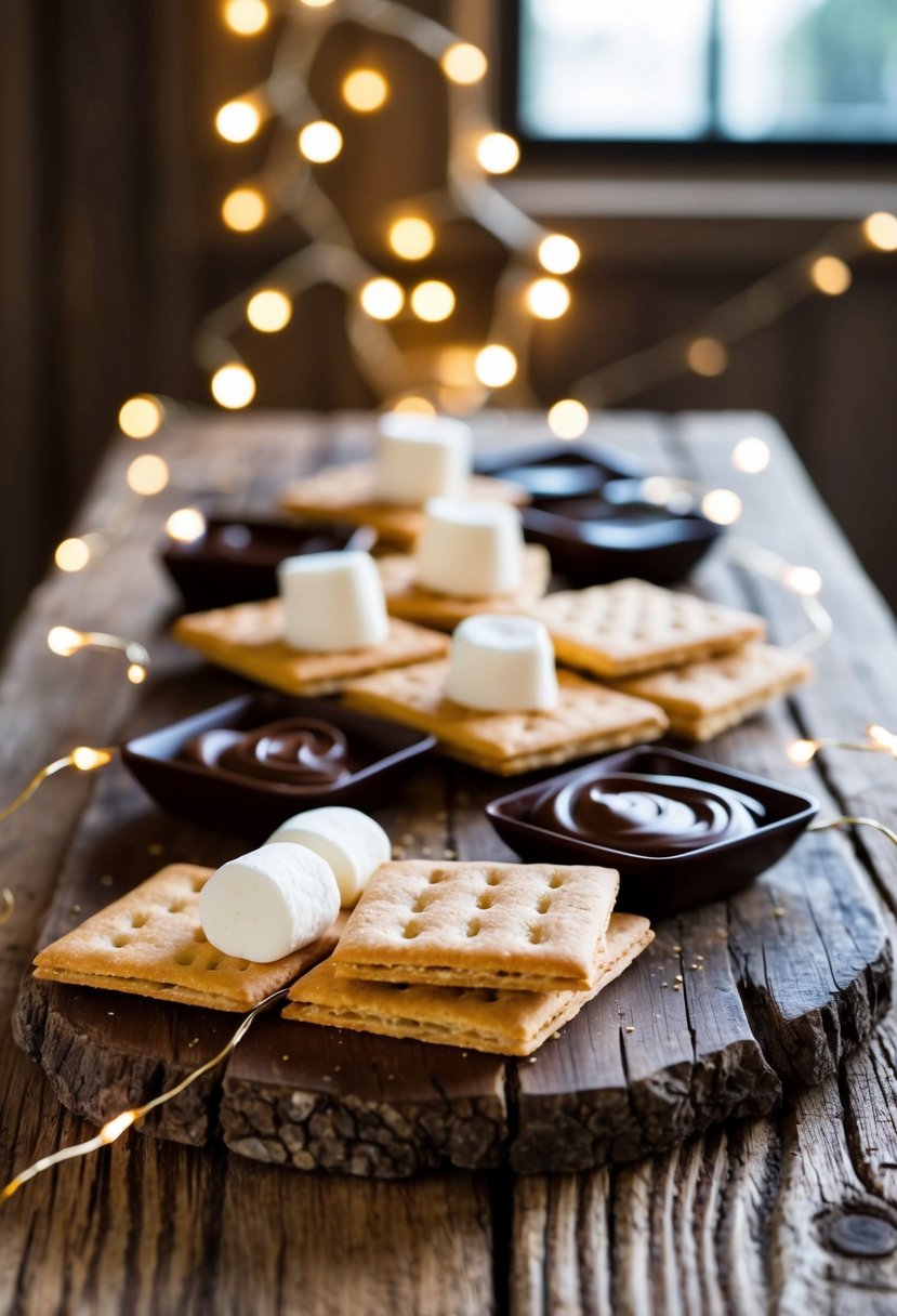 A wooden table set with graham crackers, marshmallows, and chocolate, surrounded by fairy lights and rustic decor