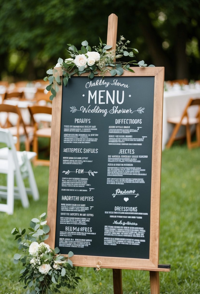 Chalkboard signs with menu and directions at rustic wedding shower