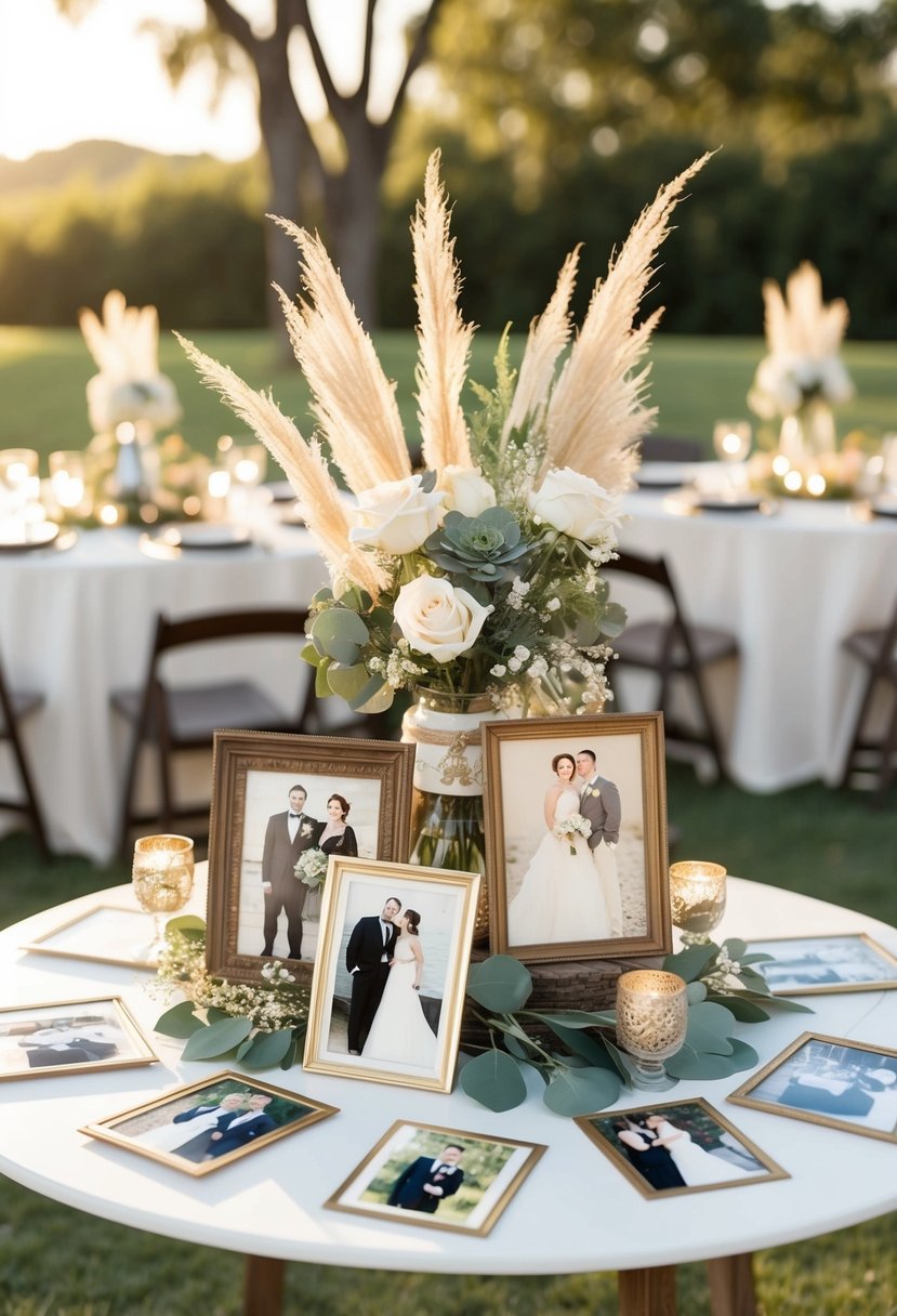 A table adorned with vintage family wedding photos, surrounded by rustic decor for a wedding shower