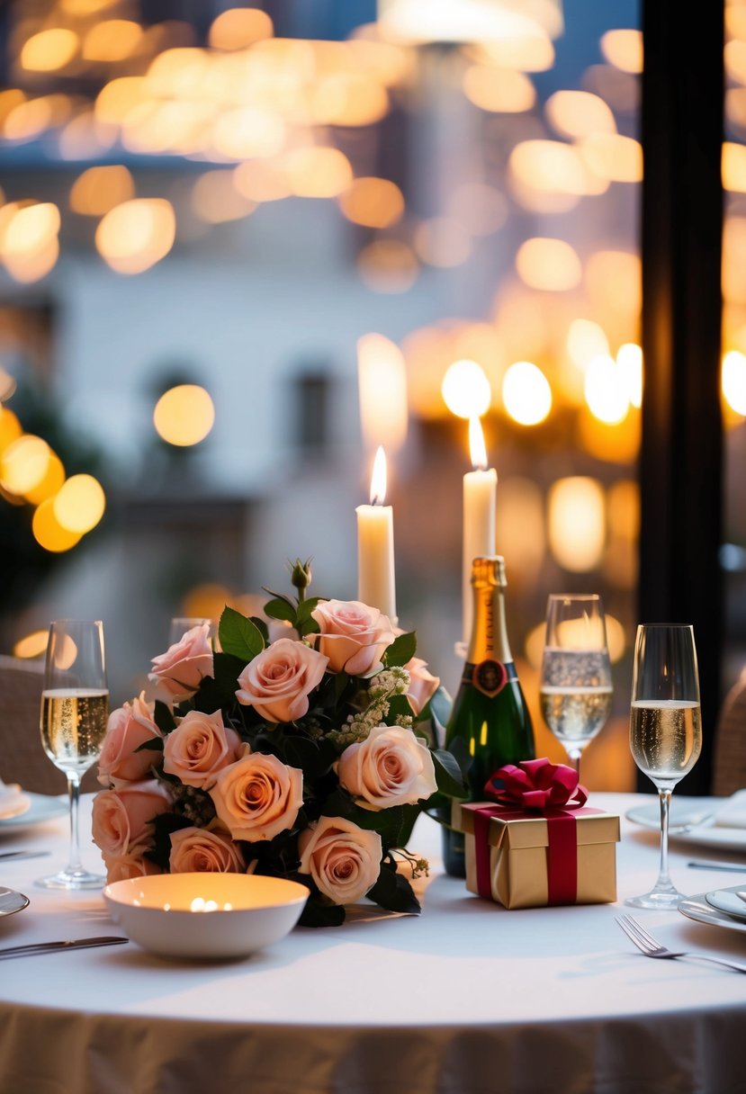 A candlelit dinner table with a bouquet of roses, a bottle of champagne, and a wrapped gift