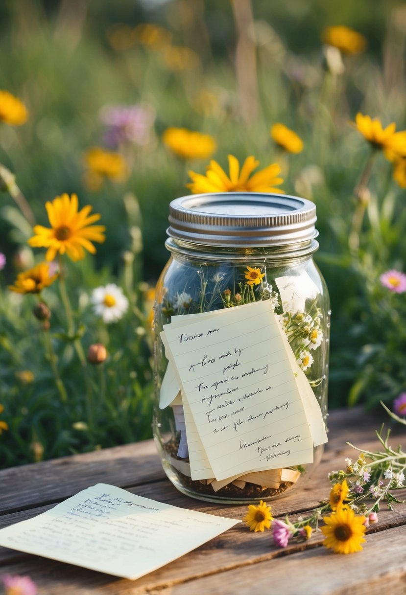 A wooden table with a mason jar filled with notes, surrounded by wildflowers and rustic decor