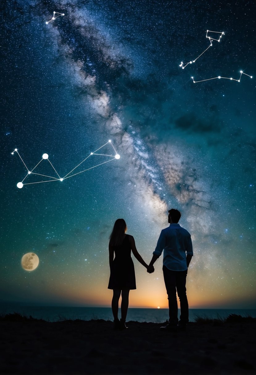 A couple standing beneath a starry night sky, holding hands and gazing up at the constellations