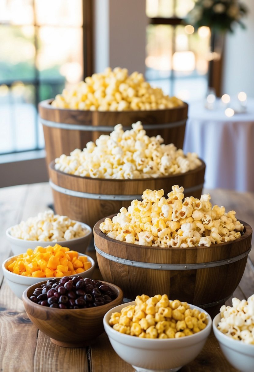 A wooden table displays assorted popcorn flavors and toppings for a rustic wedding shower