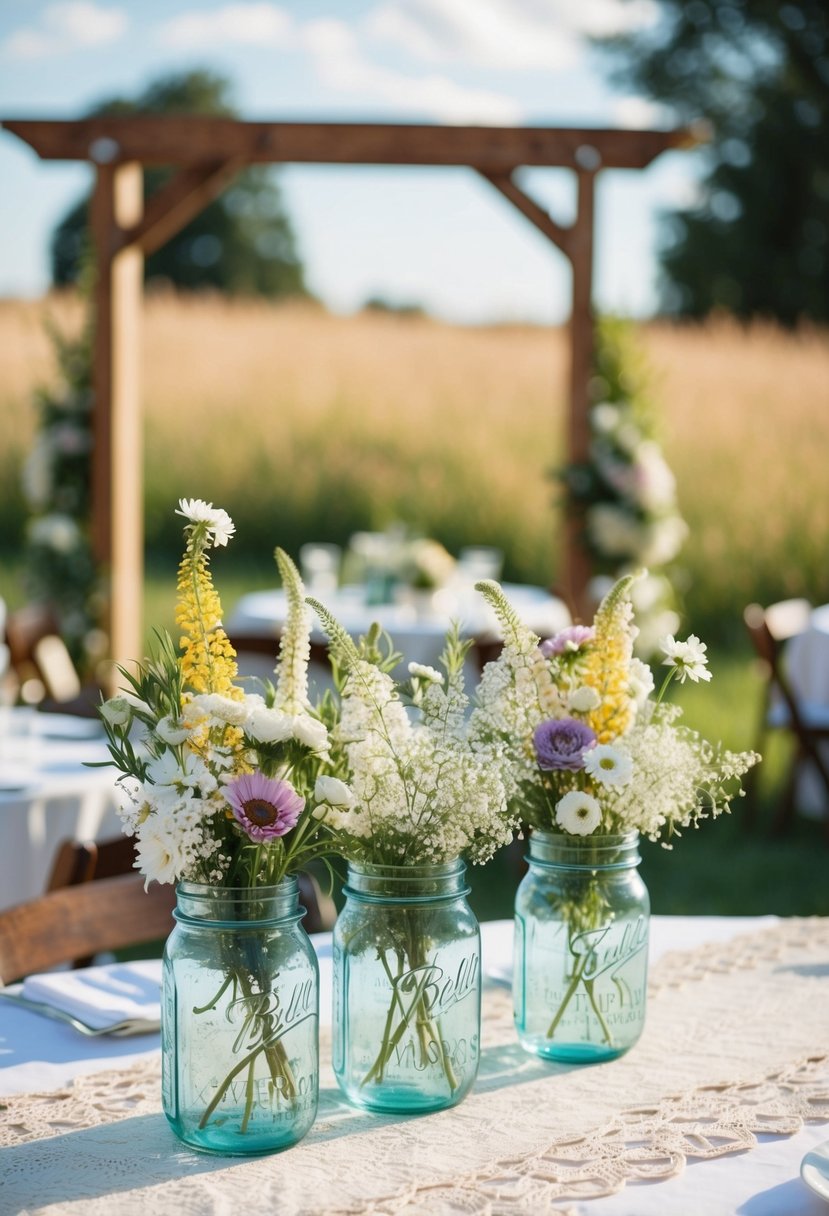 A rustic outdoor wedding with a wooden arch, wildflower-filled mason jar centerpieces, and a vintage lace table runner