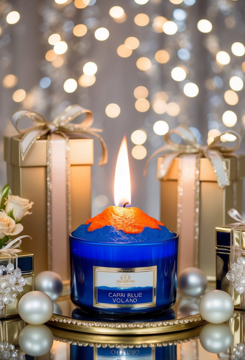 A luxurious Capri Blue Volcano Candle surrounded by elegant wedding anniversary gifts and decorations