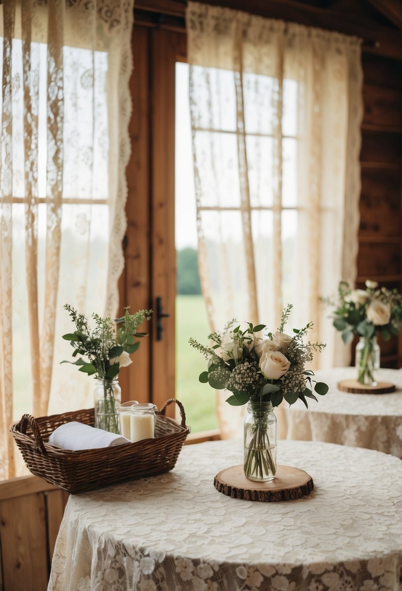 A rustic wedding shower scene with lace tablecloths and curtains