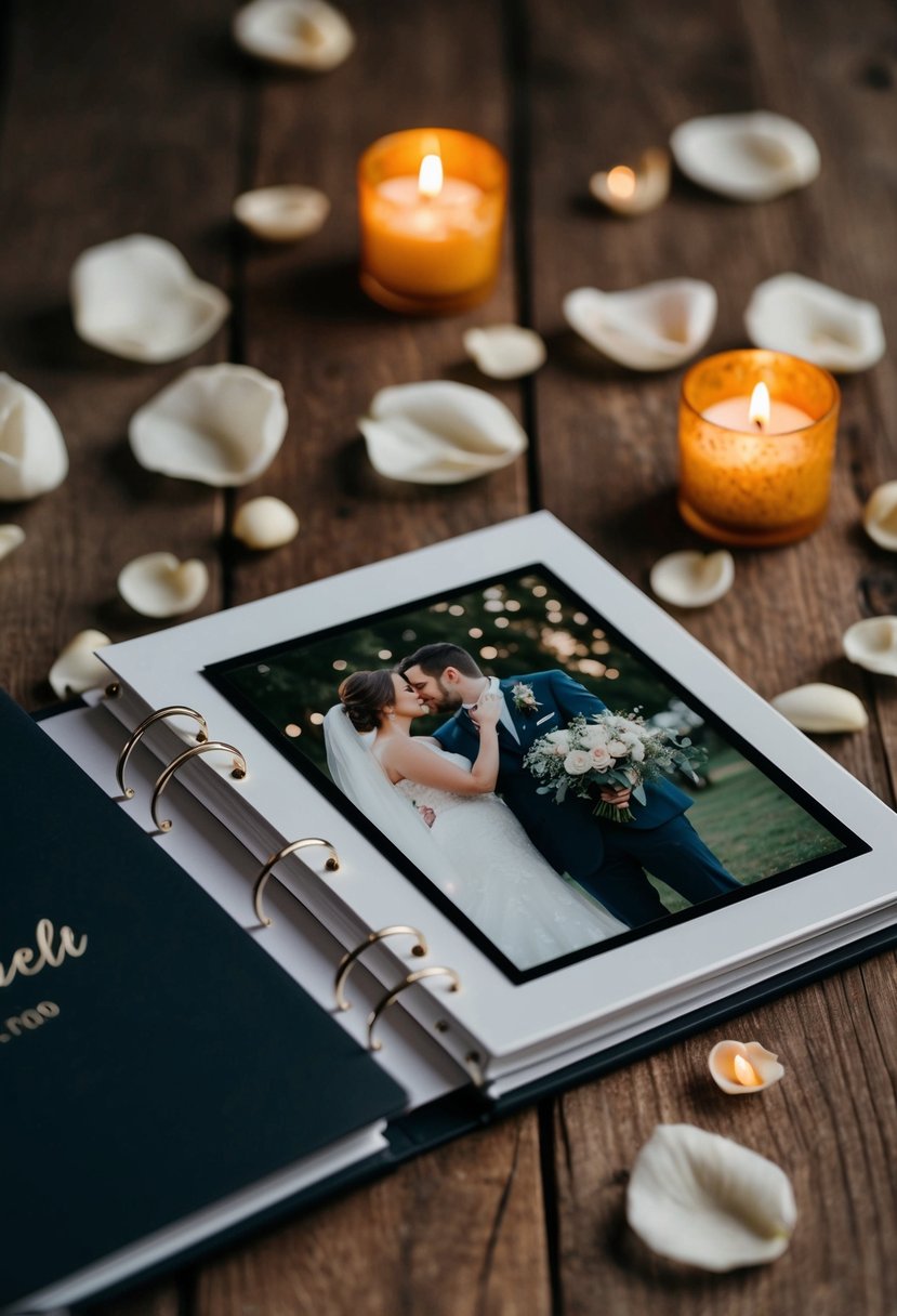 A couple's wedding photo album with personalized cover sits open on a rustic wooden table, surrounded by delicate flower petals and flickering candlelight