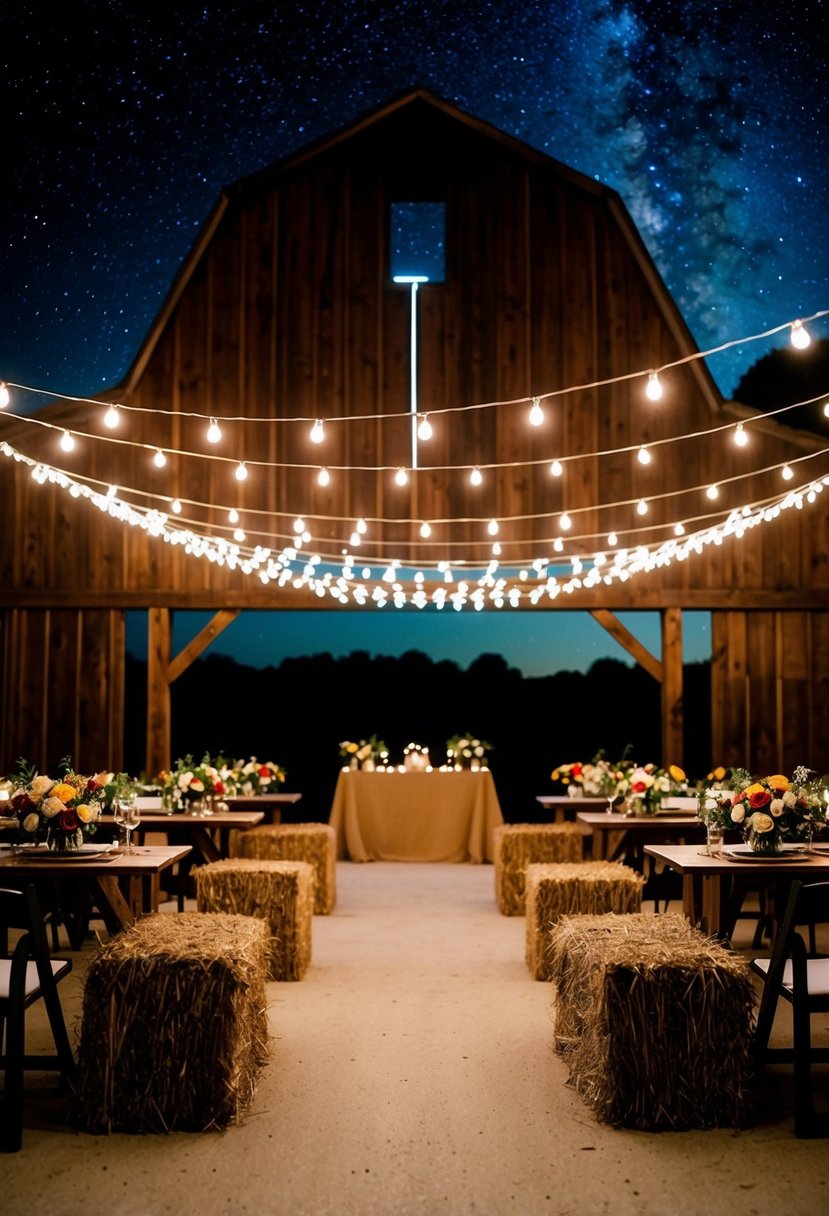 A rustic barn wedding with string lights, hay bales, and wildflower centerpieces under a starry night sky