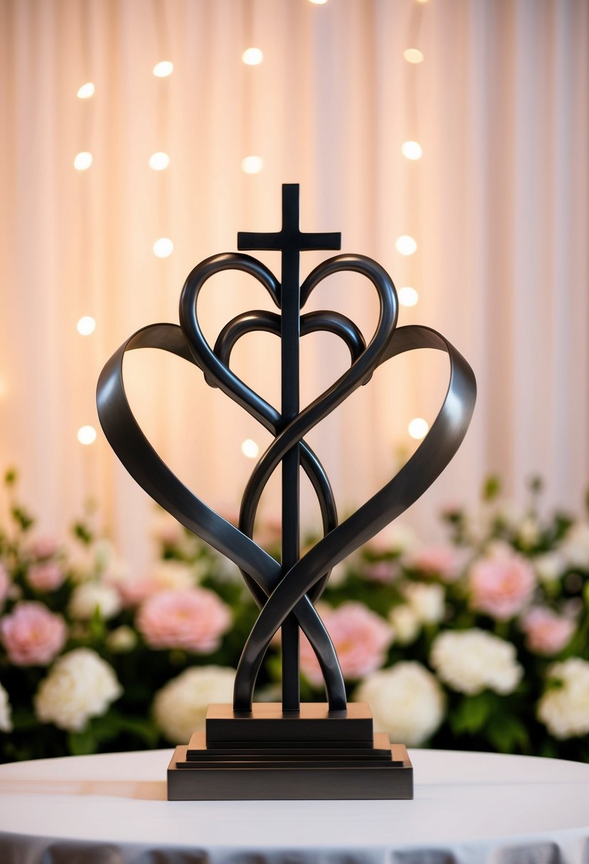 A metal sculpture of two hearts intertwined with a cross, set against a backdrop of flowers and a soft, romantic lighting