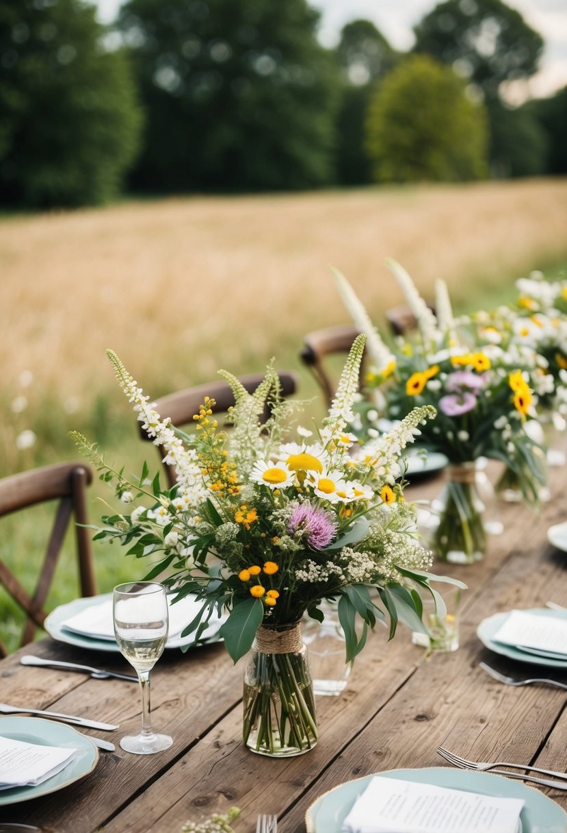 A rustic wedding scene with wildflower bouquets adorning wooden tables in a country setting